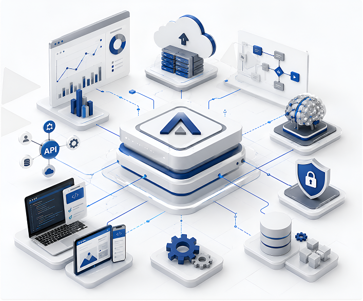 Enterprise cloud and database architecture isometric illustration
