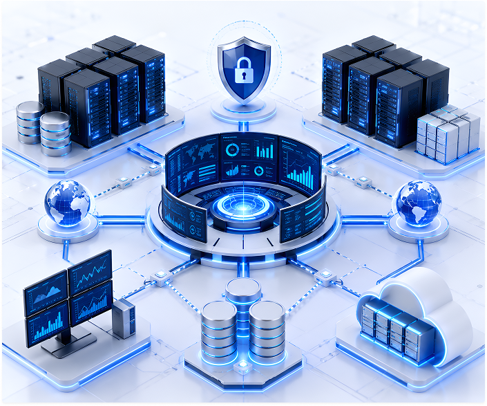 Enterprise cloud and database architecture isometric illustration