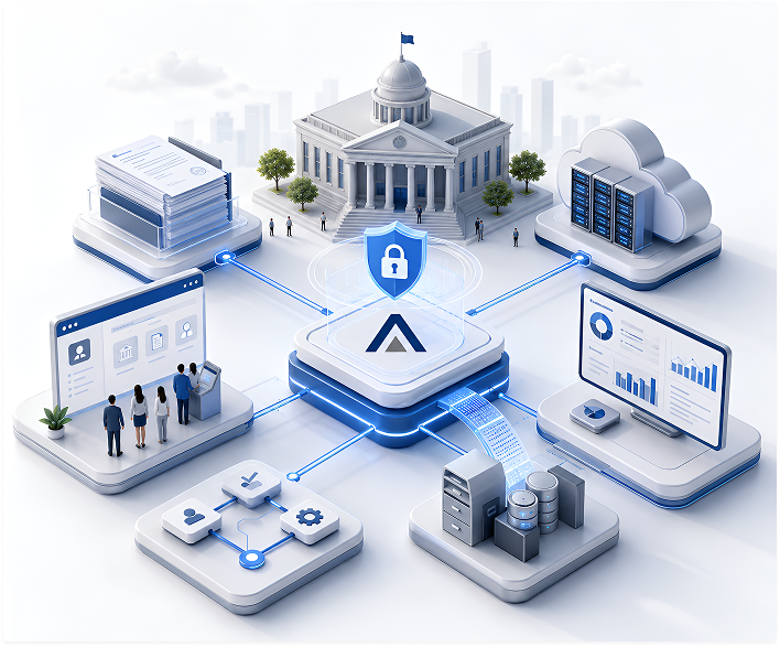 Enterprise cloud and database architecture isometric illustration
