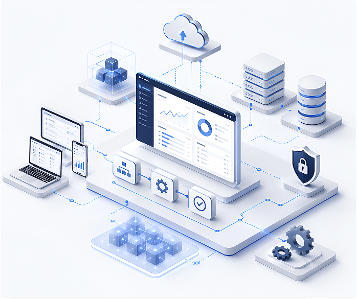 Enterprise cloud and database architecture isometric illustration