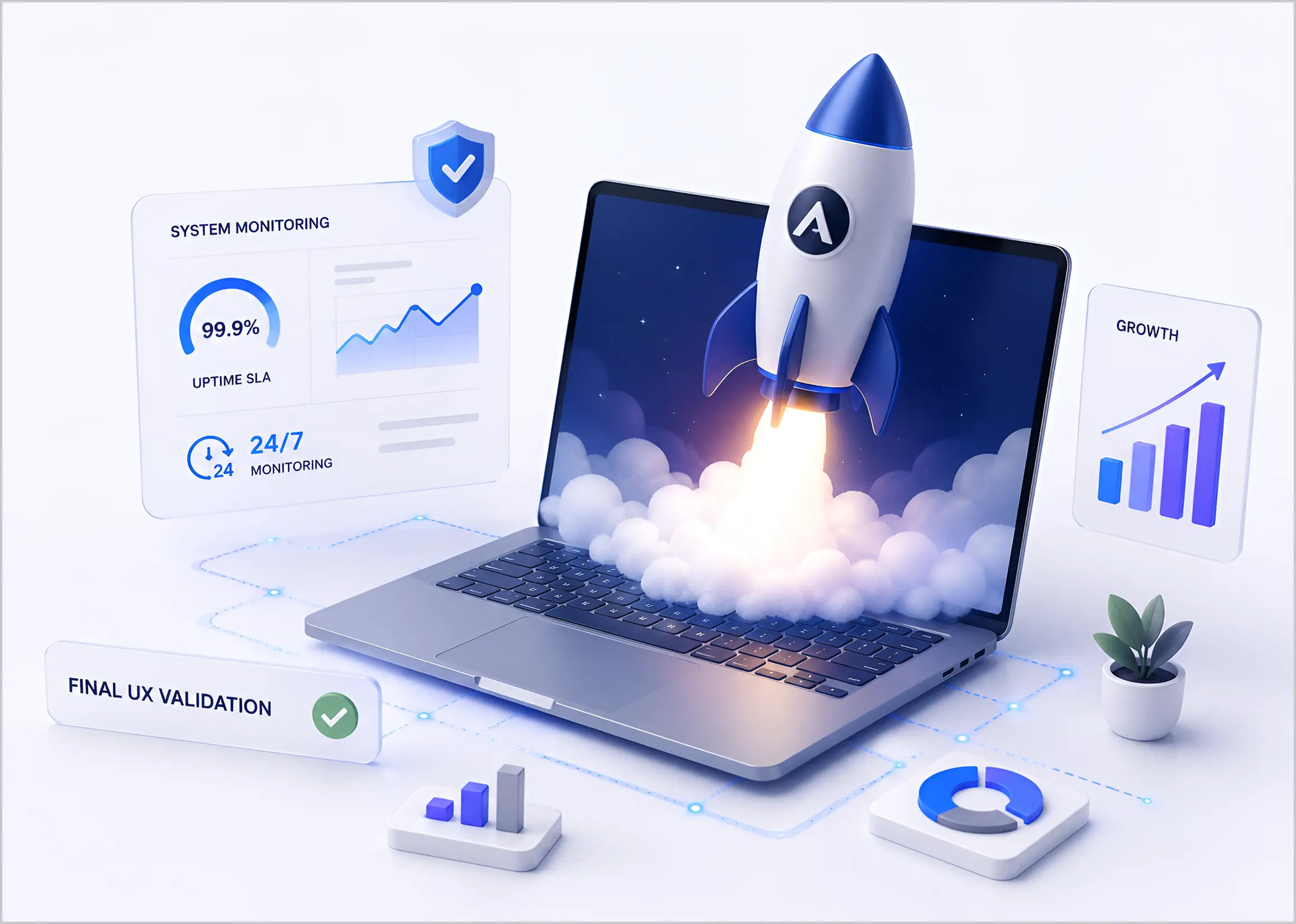 Monochromatic rocket launching from laptop illustration