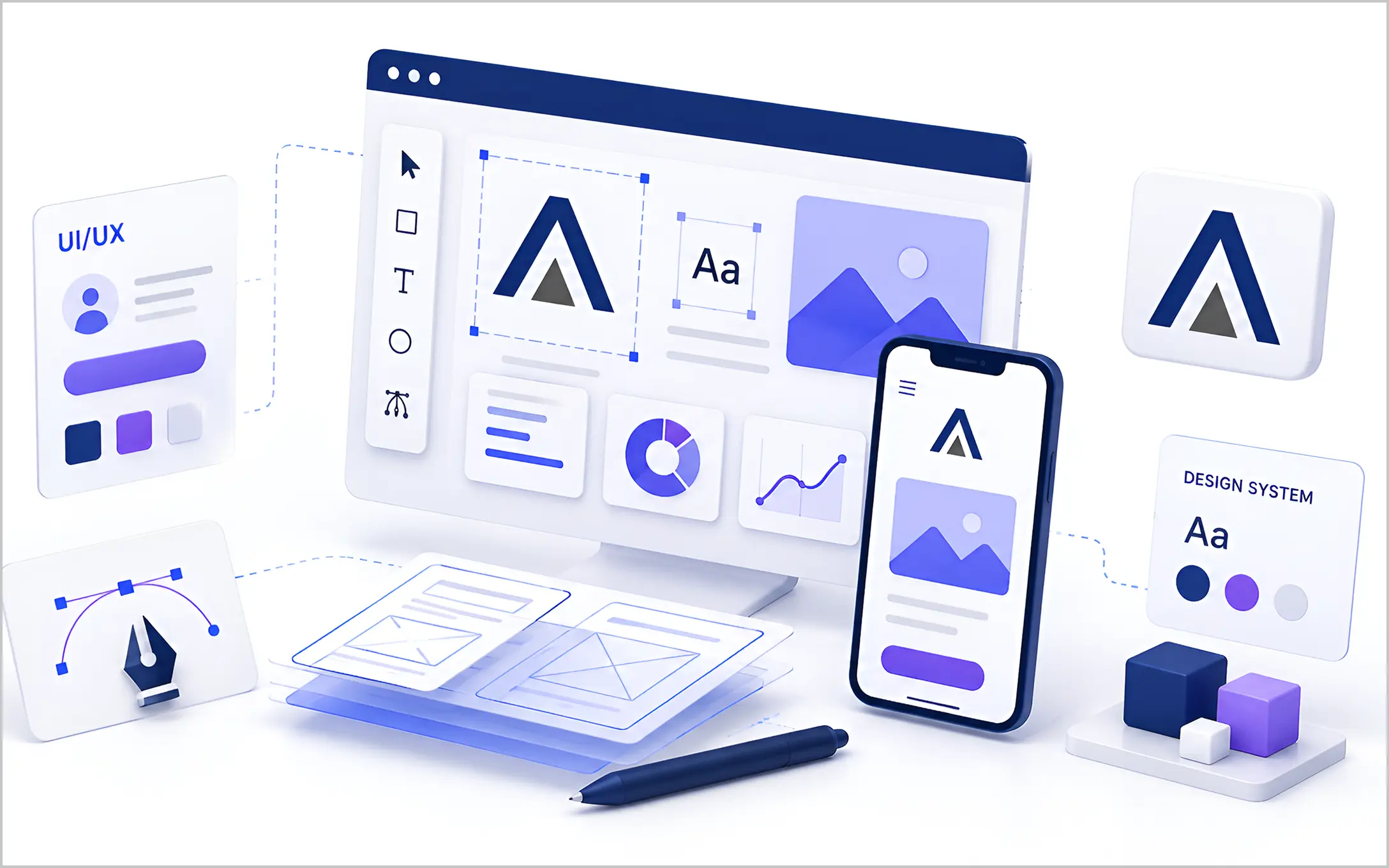 UI/UX Design illustration showing wireframes and interface components